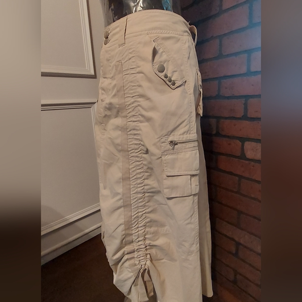 Y2K Utility Cargo Midi Skirt Cream Cotton Ruched Hem Deane White Sz 4 - Picture 4 of 13